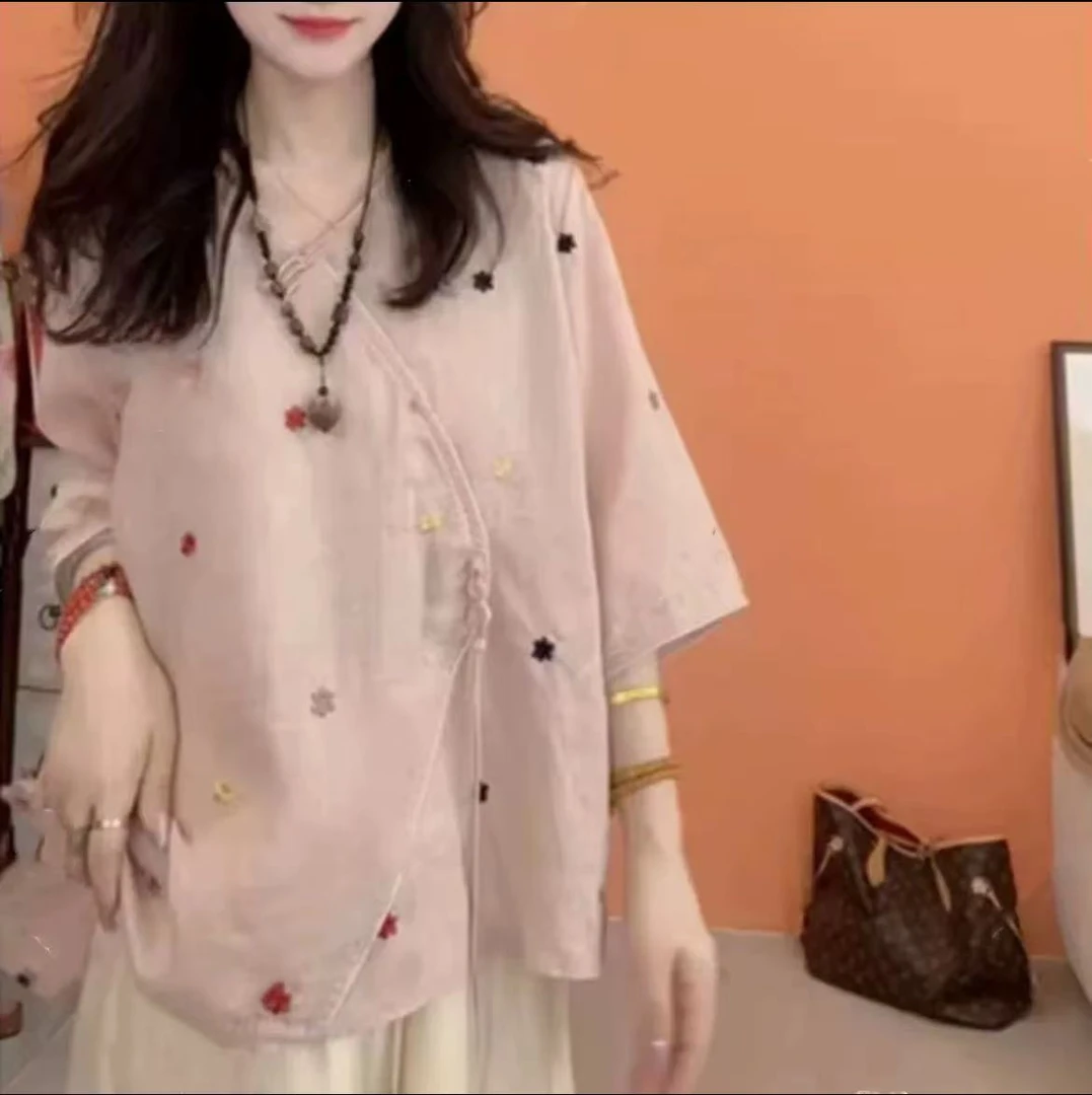 三色复古中式盘扣女夏季民族风斜襟流苏套头小衫麻料绣花衬衣