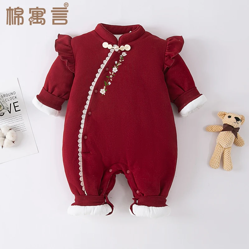婴儿夹棉哈衣外出服周岁礼服洋气公主风红色加厚连体衣女宝宝棉服