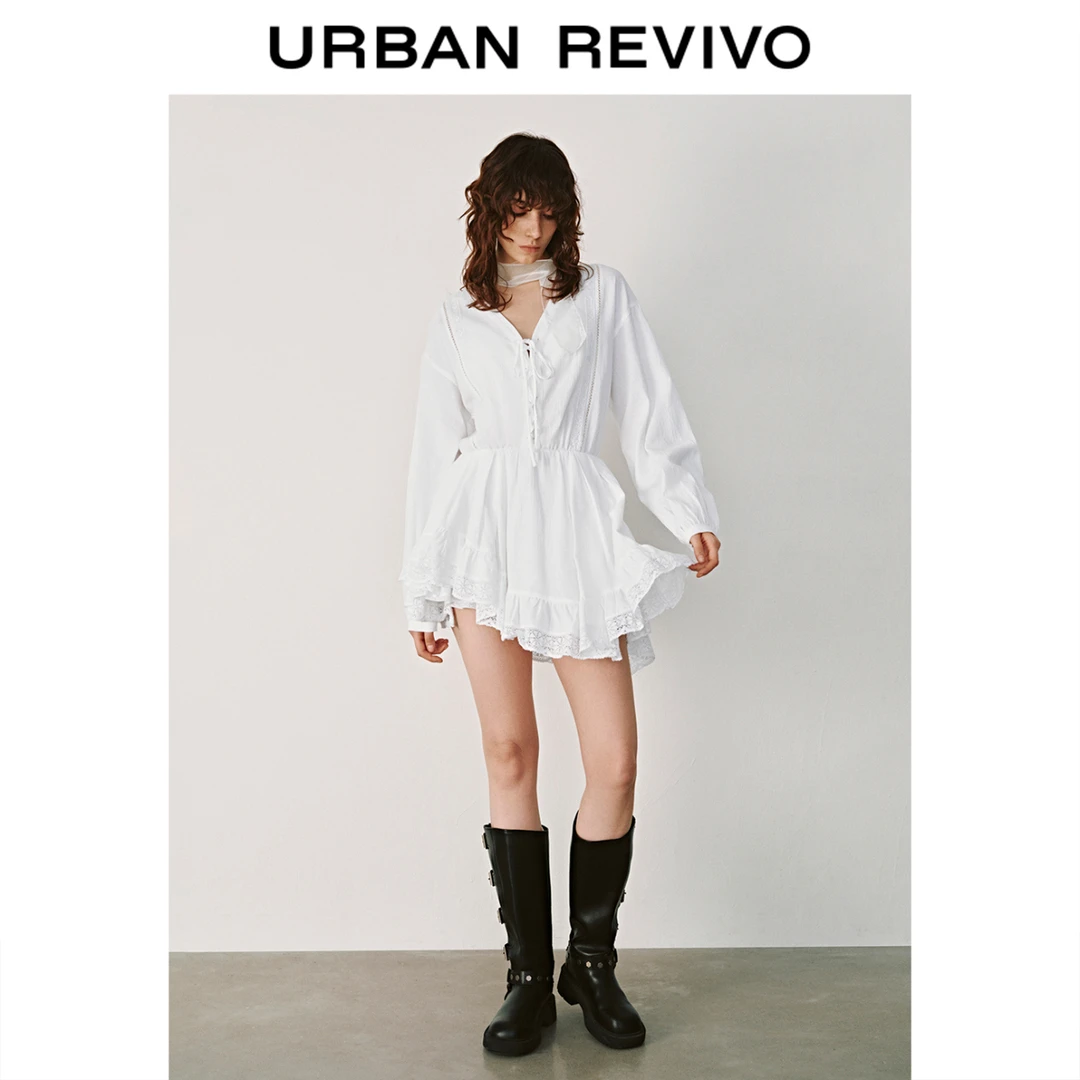 UR2025春季新款女装欧若风法式拼接蕾丝V领系带连衣裙UYL750015