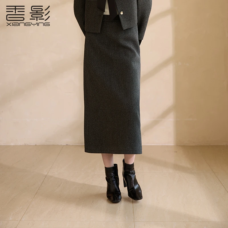 R95W665半身裙 香影灰色半身裙女冬季新款裙子后开叉高腰直筒半裙