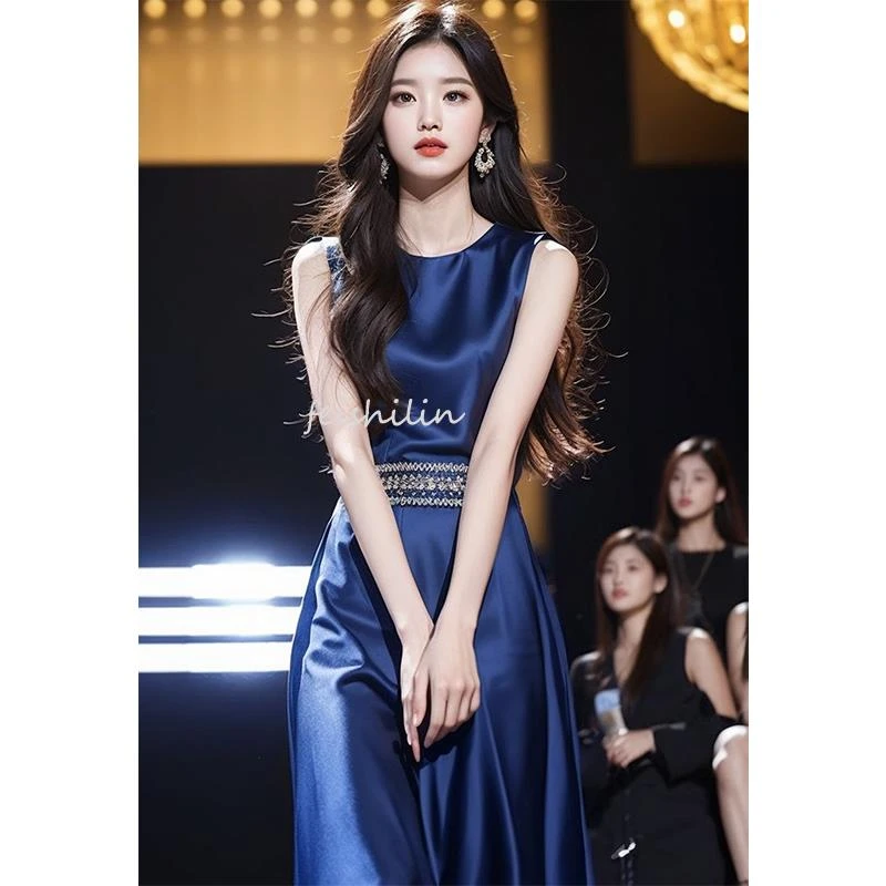 法式高端精致收腰长裙气质超好看端庄大气蓝色背心连衣裙子女夏季