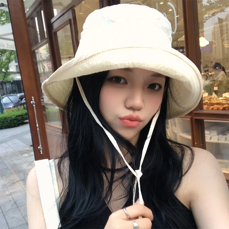 轻薄速干韩版百搭渔夫帽女遮阳水桶帽女春夏季显脸显防晒盆帽小白
