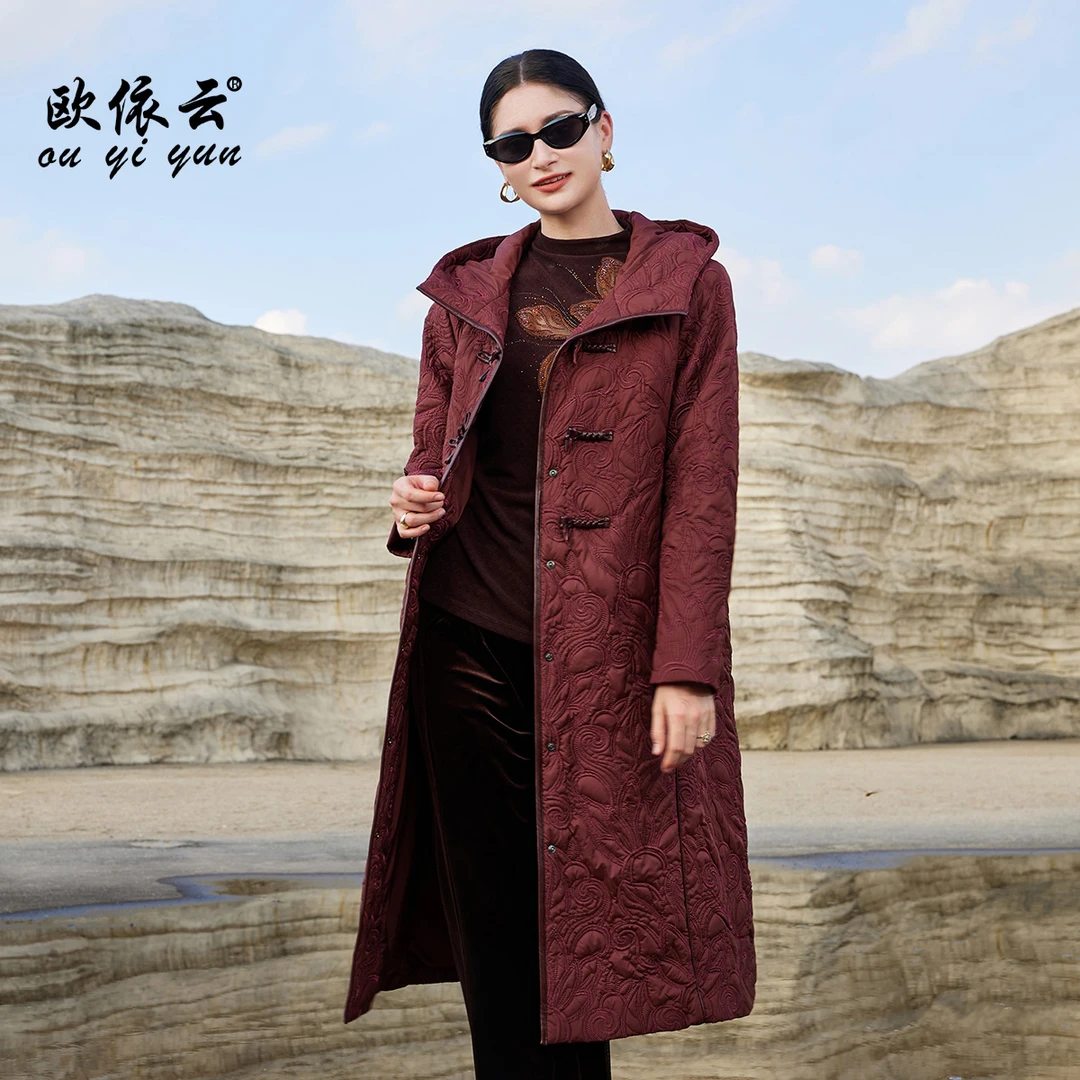 53121欧依云中老年妈妈秋冬棉衣中长款保暖显瘦洋气薄棉服连帽