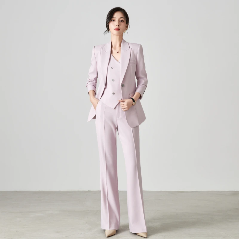 2025春秋新款气质显白高级感粉紫色职业西装女正装马甲套装三件套
