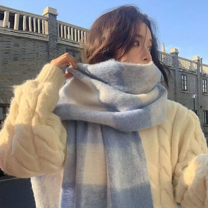 韩版蓝白格子流苏围巾保暖氛围感情侣百搭ins围脖披肩加厚秋冬女