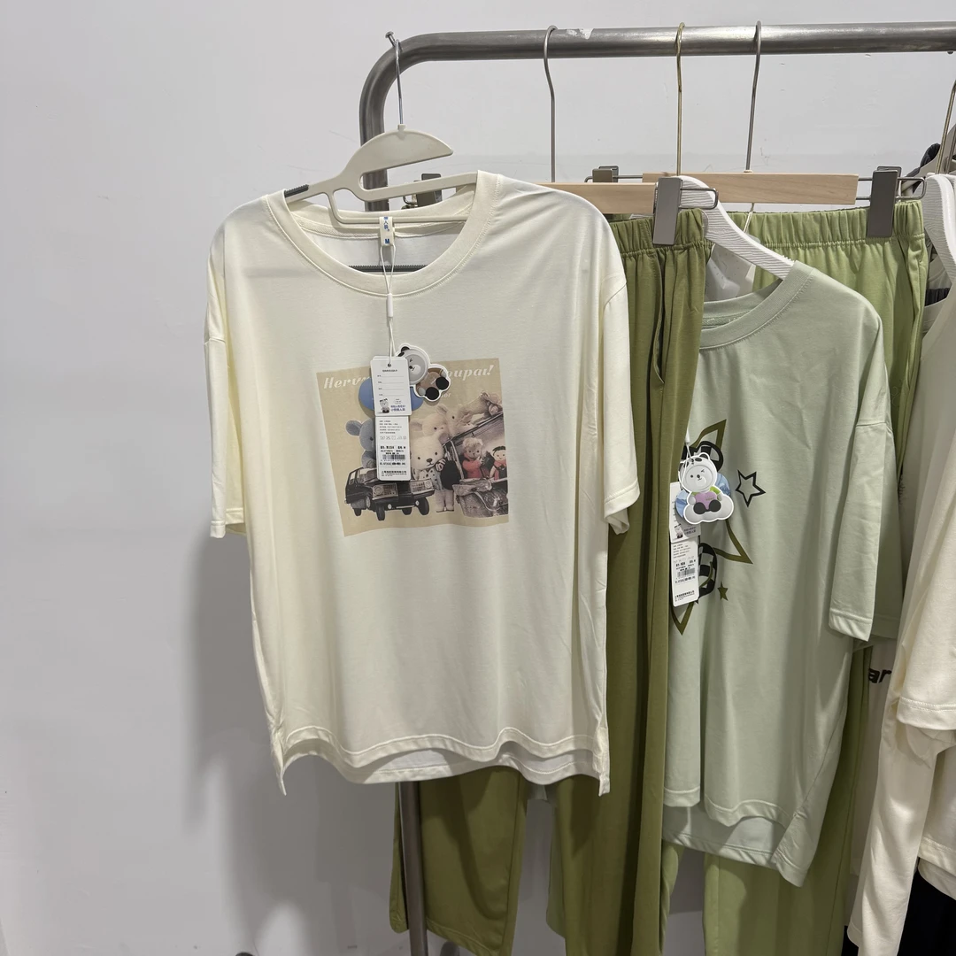 2606女士短袖长裤舒适居家亲肤透气家居套装绿色系