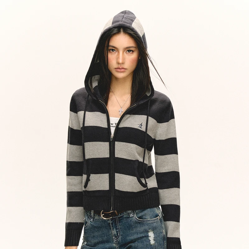 Ariseism  美式复古拉链条纹针织开衫毛衣外套女