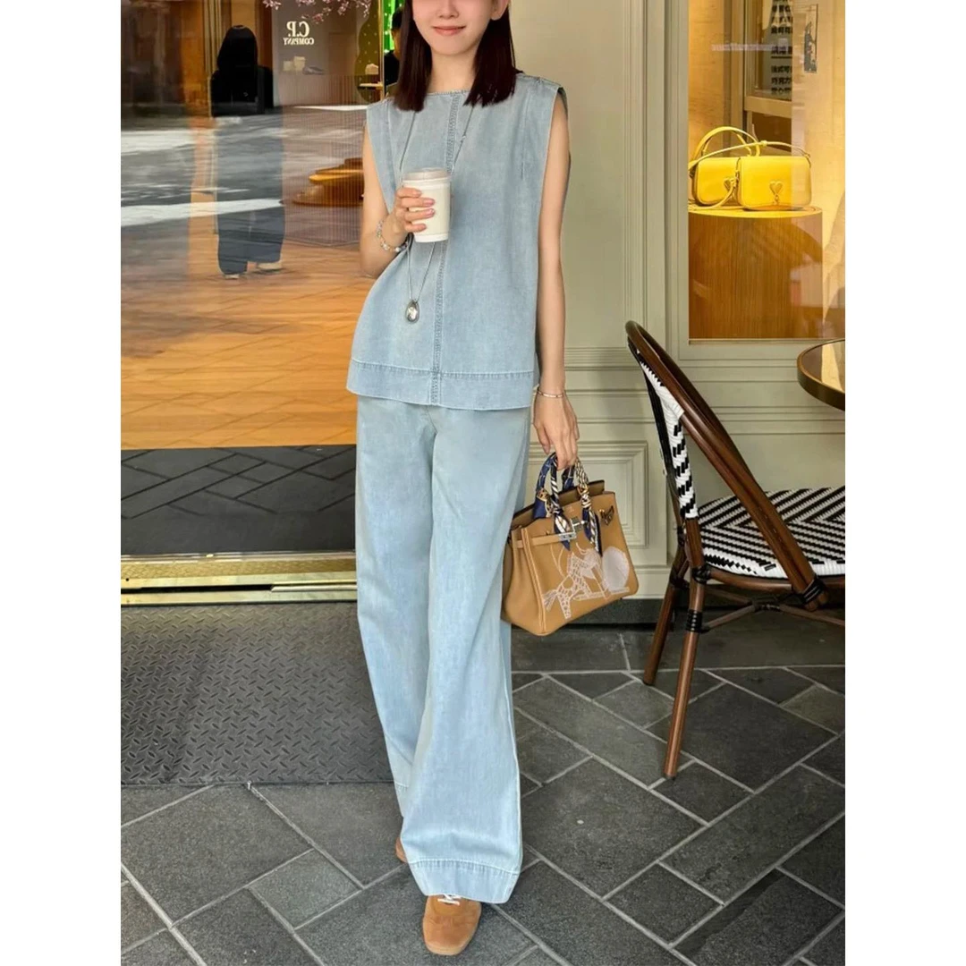 牛仔套装女夏2025新款时尚减龄休闲背心马甲无袖上衣阔腿裤两件套