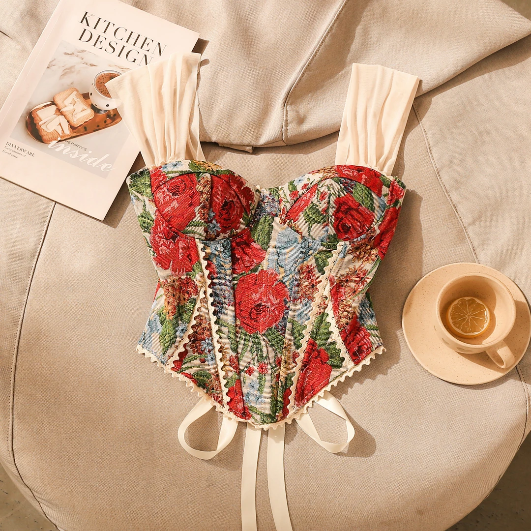 复古辣妹油画提花鱼骨吊带背心女夏显白绑带束腰内搭打底美背上衣