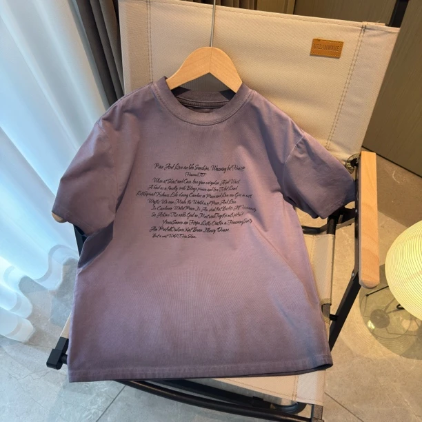 现货清！中大童烟熏扎染紫色短袖T恤衫字母印花螺纹领口男童