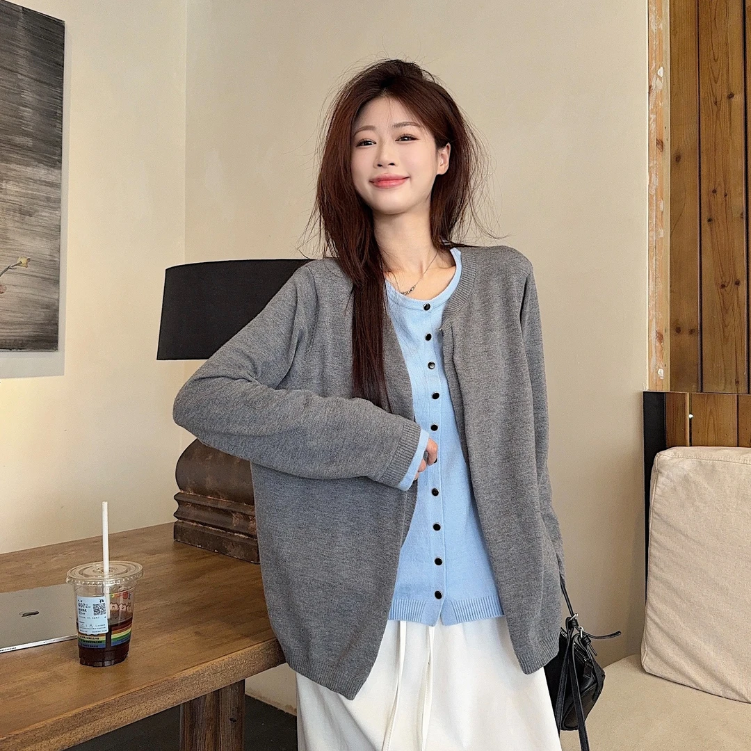 【玖玖专属】【叠穿假两件】大码女装秋冬胖妹妹针织开衫撞色毛衣外套