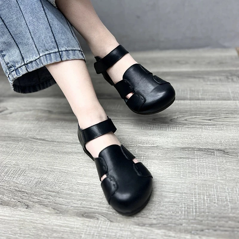 艺鞜2025年春夏新款真皮平底包头包跟镂空圆头一字带妈妈凉鞋