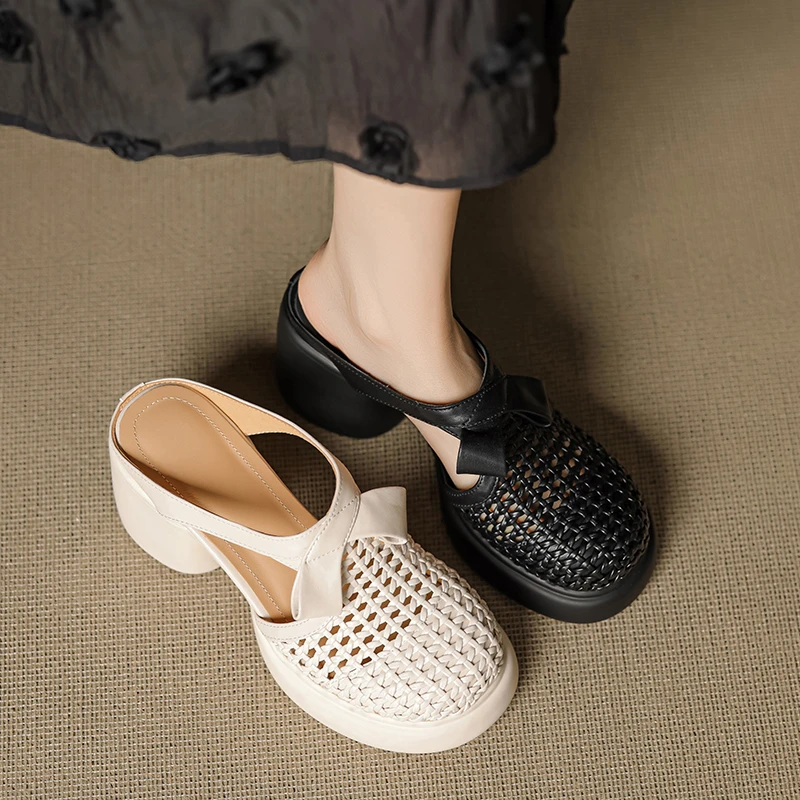 8cm/牛皮/爆款编织镂空包头半拖夏季软底舒适防滑半拖女