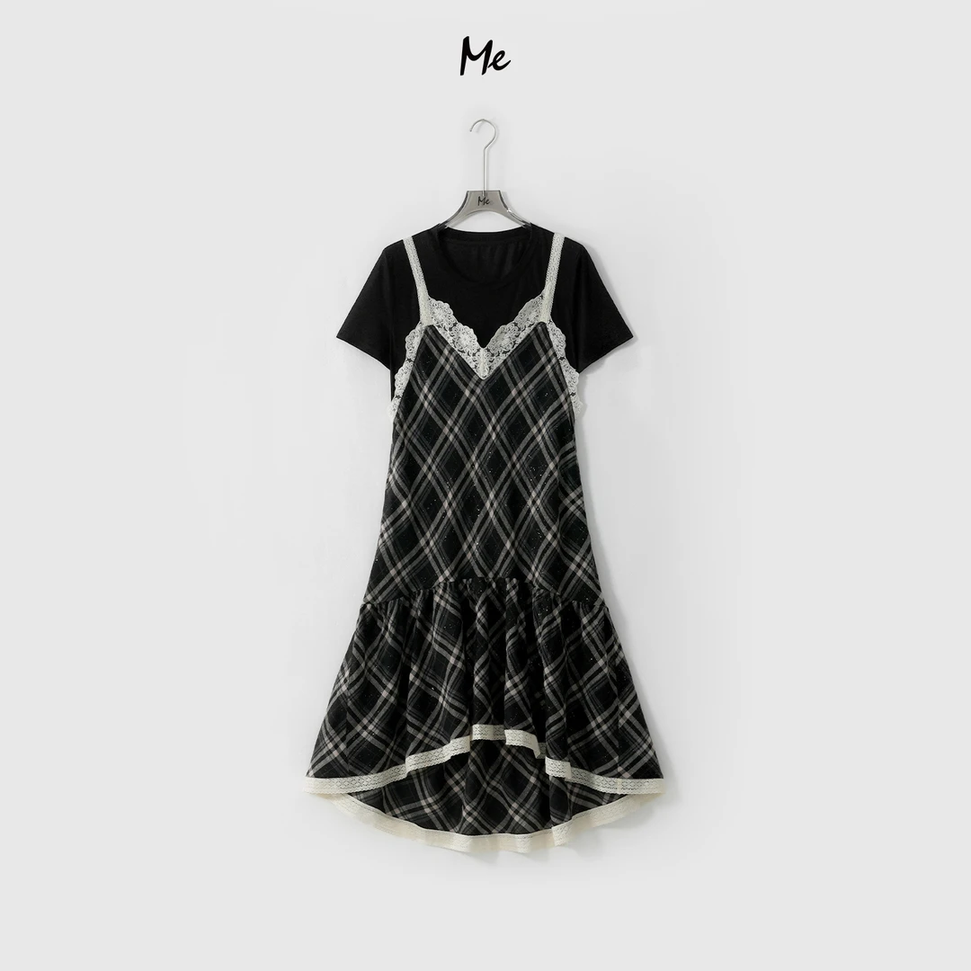 ME【星光花格裙】假两件复古格纹显瘦百搭时尚休闲连衣裙MESS6576