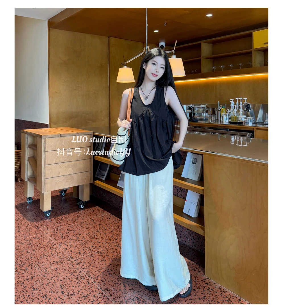 【LUO studio原版】【运费险】十三行欧货韩版麻料克莱因蓝阔腿慵懒裤