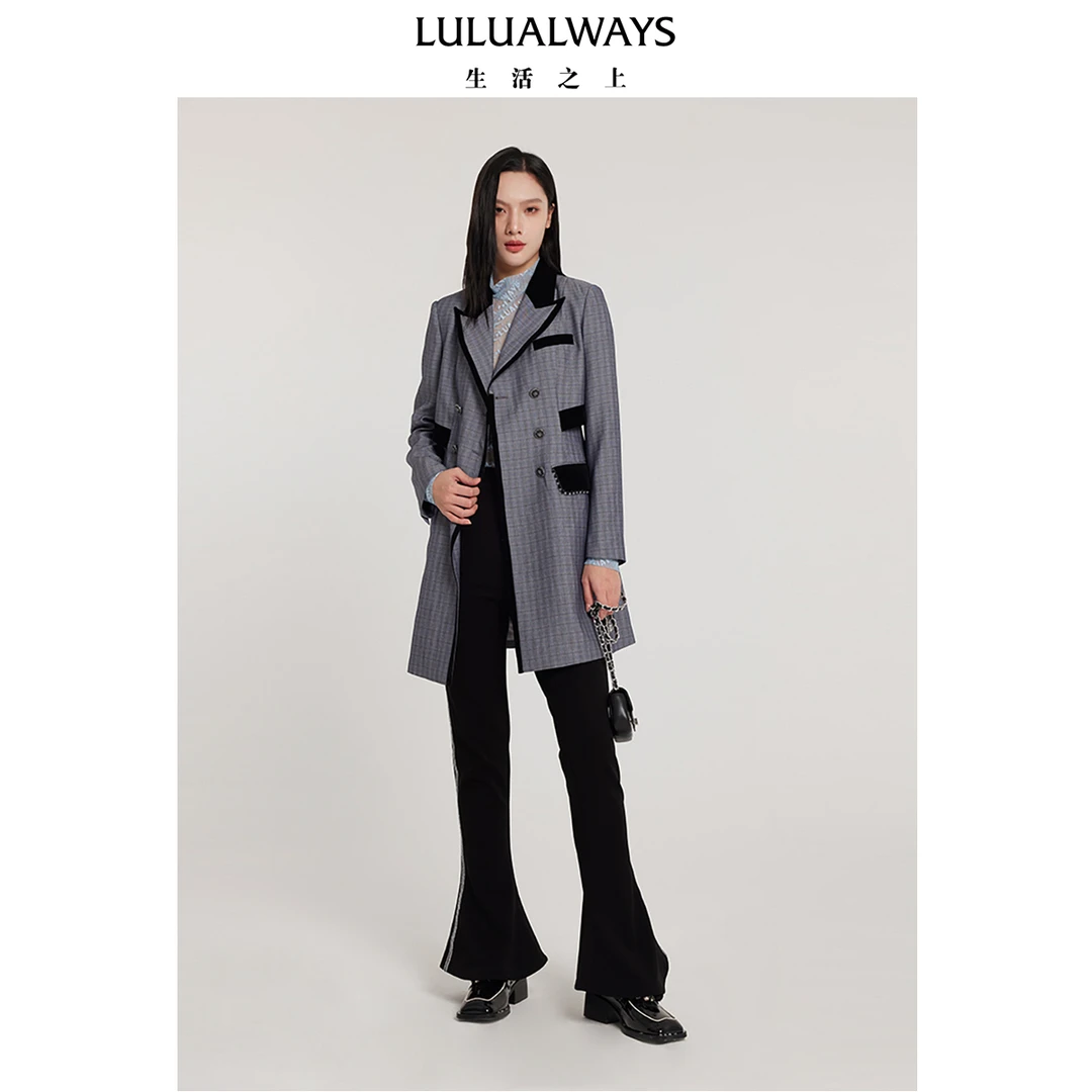 LULUALWAYS新款双排扣收腰格子中长款外套