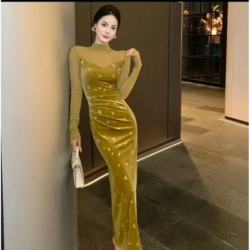 A651秋冬新款高级气质法式赫本风修身丝绒长款连衣裙