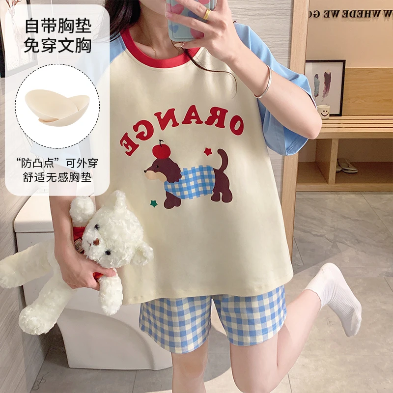 带胸垫睡衣夏季女薄款短袖卡通可爱爆款宽松外穿学生家居服套装