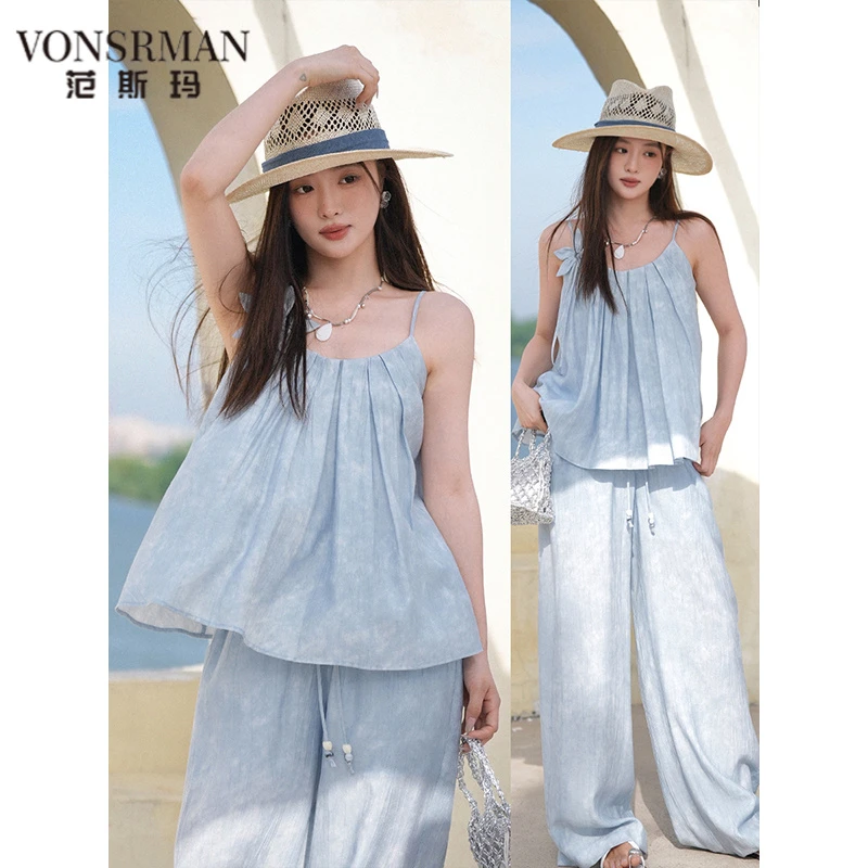 2025新款高级感美慵懒松弛感花朵吊带阔腿长裤套装女夏 VONSRMAN