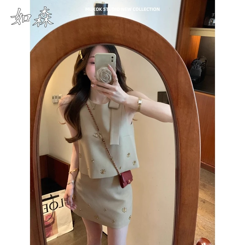 小香风时尚套装无袖上衣半裙两件套2025夏季轻奢高级感气质裙套装