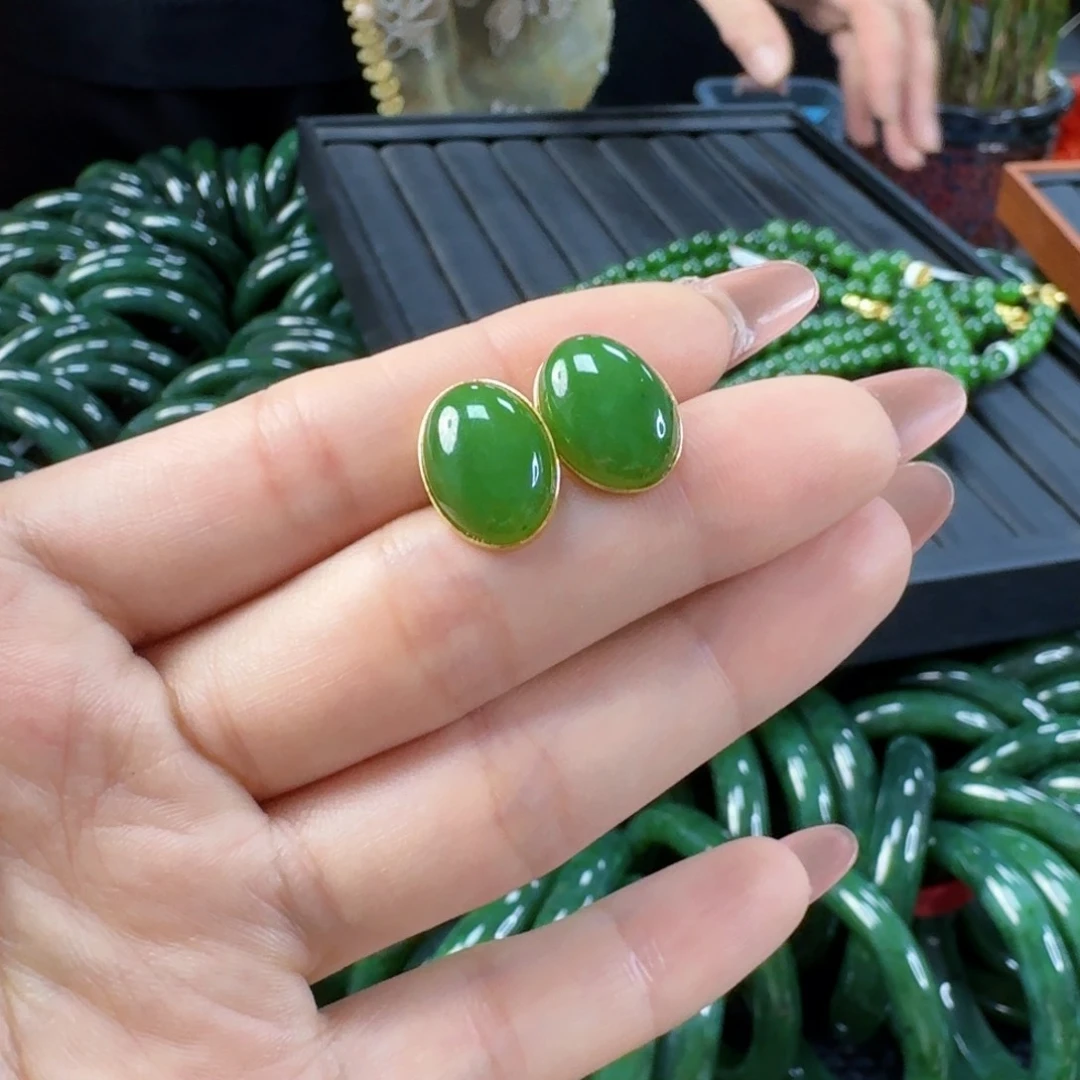 和田玉（碧玉）银S925镶嵌耳饰