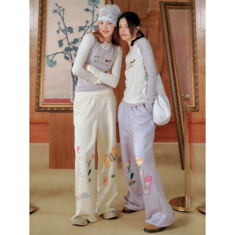 NECY 【奶酪陷阱】双色原创手绘小狗狗印花上衣卫裤套装