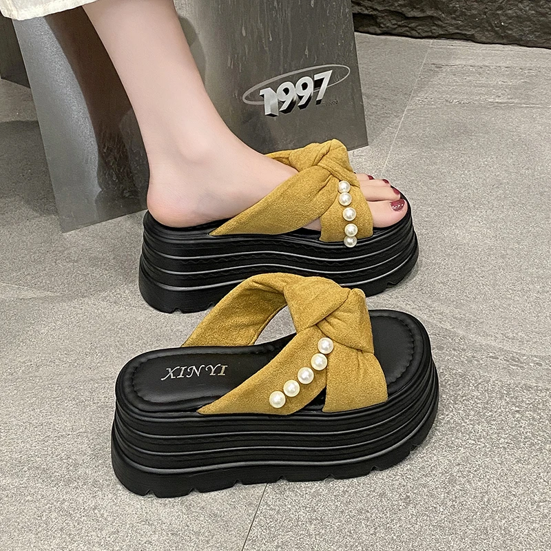 蝴蝶结珍珠配裙子拖鞋女2025夏季新款小个子8cm厚底增高一字凉拖