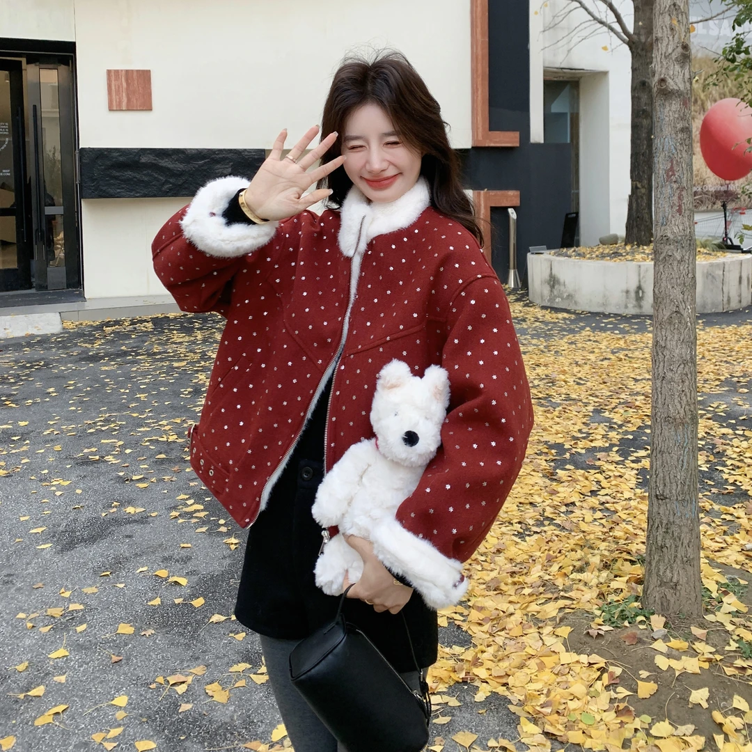 红色波点羊羔毛立领拼接毛呢棉服女冬新款俏皮减龄设计感短款棉衣