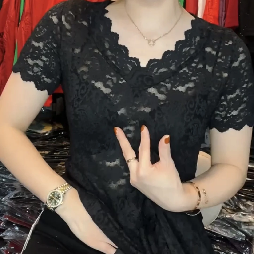 镂空蕾丝短袖上衣修身设计时尚百搭洋气内搭打底衫女夏季