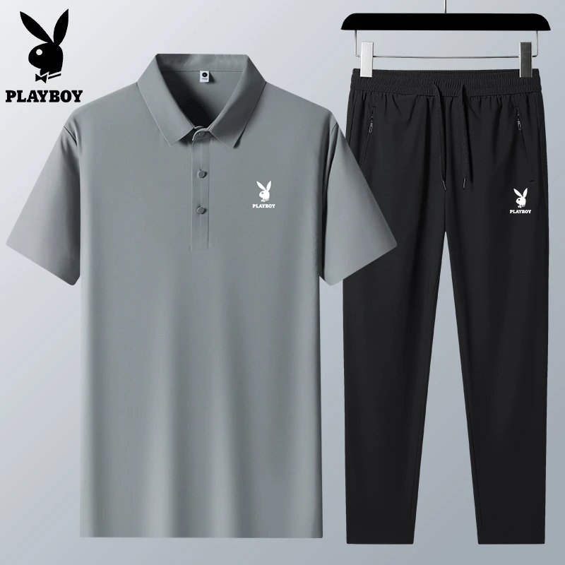 花花公子爸爸夏季套装冰丝短袖t恤男士半袖宽松翻领POLO衫男夏装