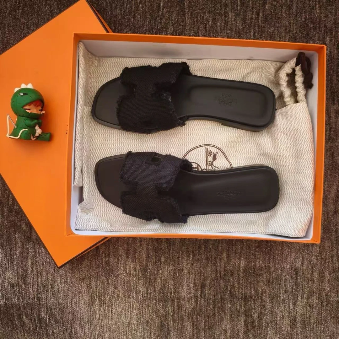未使用 Hermes/爱马仕 A1648/ H拖鞋流苏亚麻帆布黑色35码