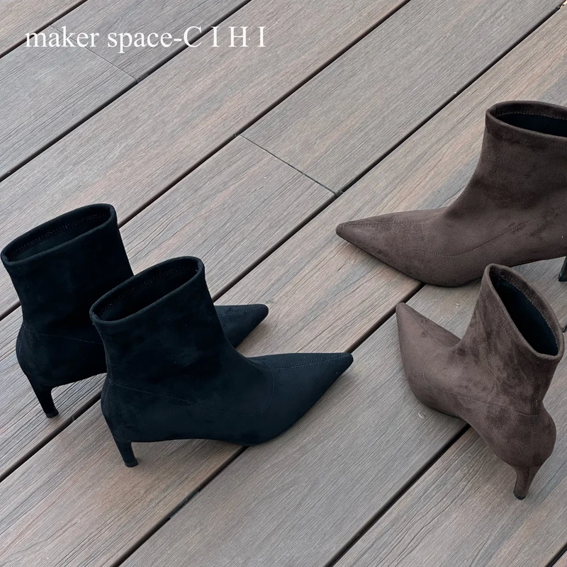Cihi設計'makerspace'-654【岭城】獨创設計 复古绒面尖头细跟裸靴