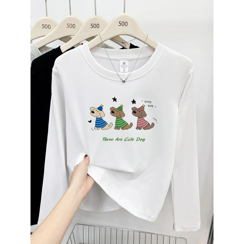 正肩长袖t恤女装韩版小狗印花微胖mm遮肚显瘦圆领内搭打底衫上衣