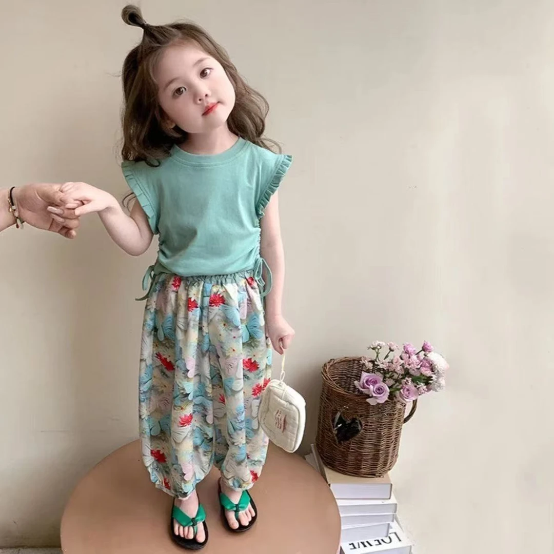 纯色千金风女套头夏季碎花套装连衣裙小童公主女童无袖中大童