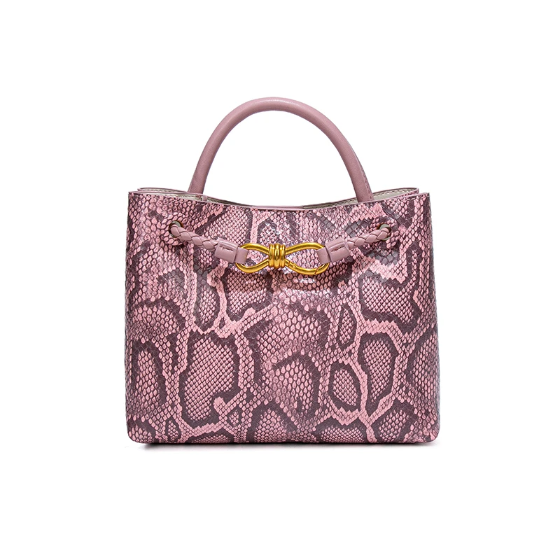 蜜桃粉W-1747-1单根蝴蝶结锁扣蛇纹手提包手拎包棕色防盗手拿包