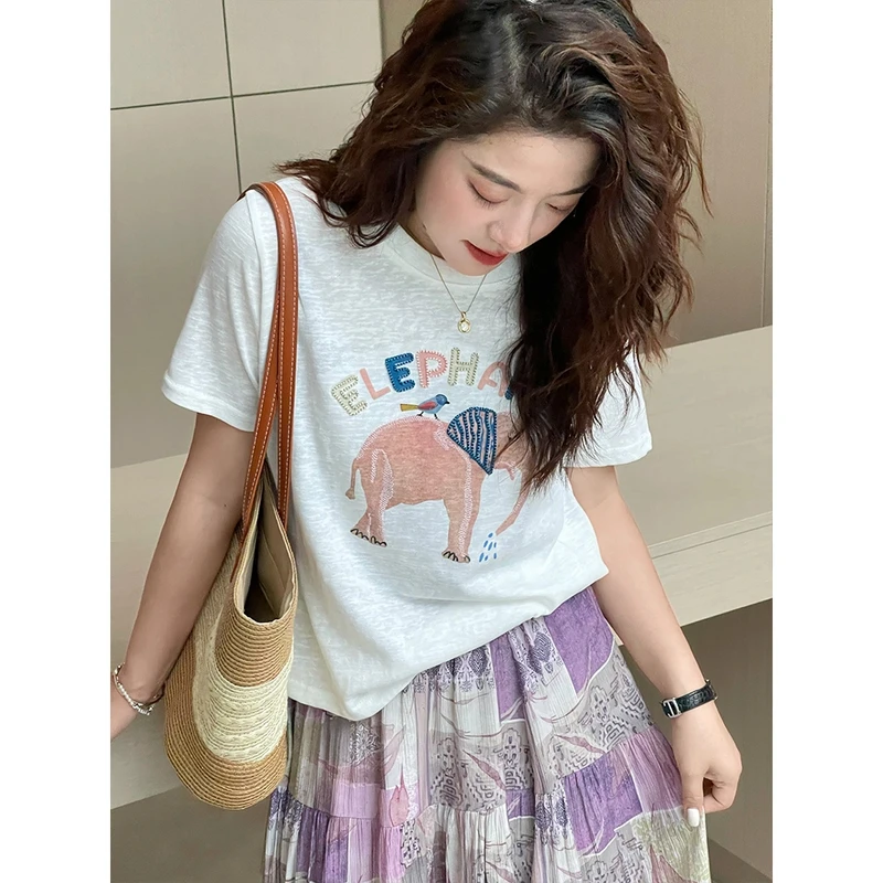 WenWen小个子韩系小象重工艺刺绣圆领短袖T恤百搭休闲上衣3878