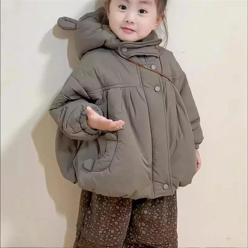 韩系童装女宝宝连帽棉服外套2024秋冬女童棉袄加绒碎花裤子套装潮