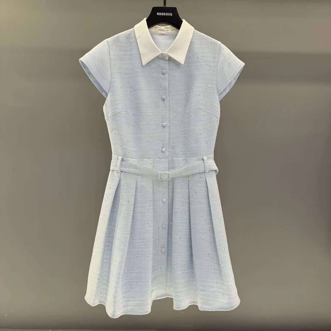 法式复古蓝色小香风连衣裙女夏季新款韩系穿搭气质短裙子