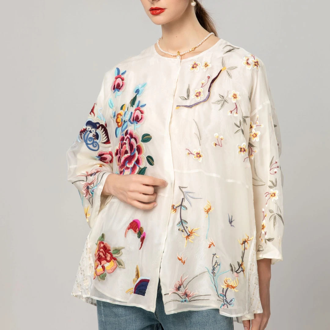 五色风马衬衫SJ25B1231新中式夏季复古古风中国风绣花双层民族风