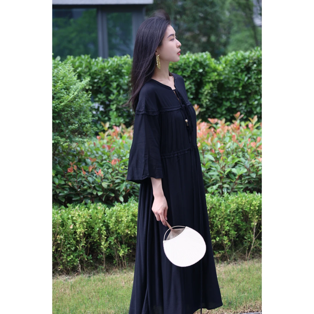 【清仓活动款】【良野奈】极简风系带收宽松慵懒气质小黑裙