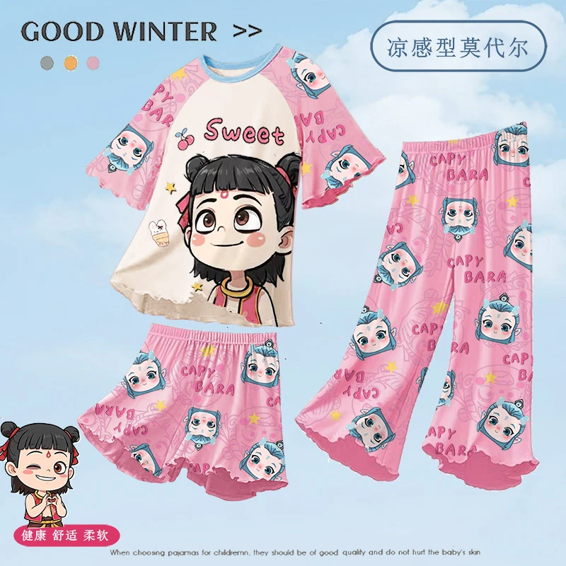 儿童睡衣女童薄款夏季莫代尔亲子母女孩家居服三件套哪吒2025新款