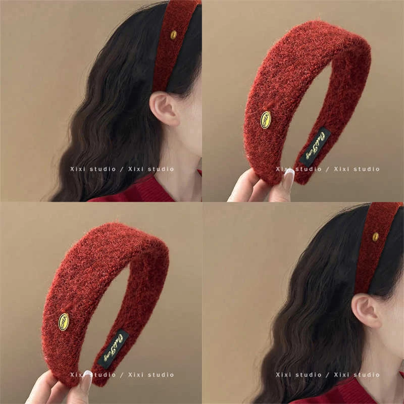 红色毛呢金标发箍2025新款宽版高颅顶头箍新年过年头饰时尚发卡女