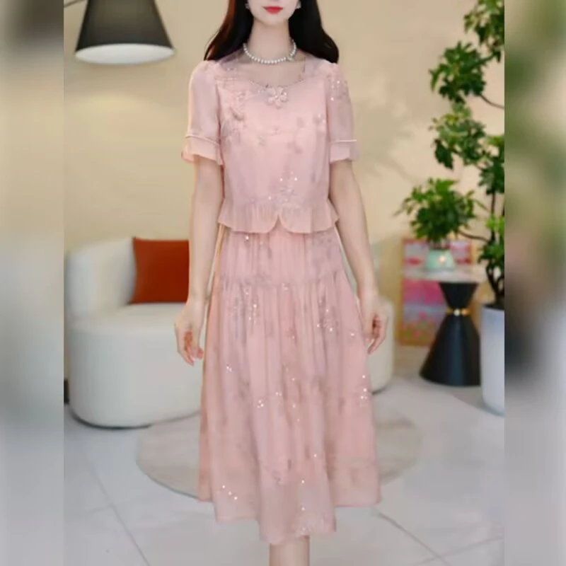 中式连衣裙亮片设计时尚气质百搭超洋气假两件连衣裙