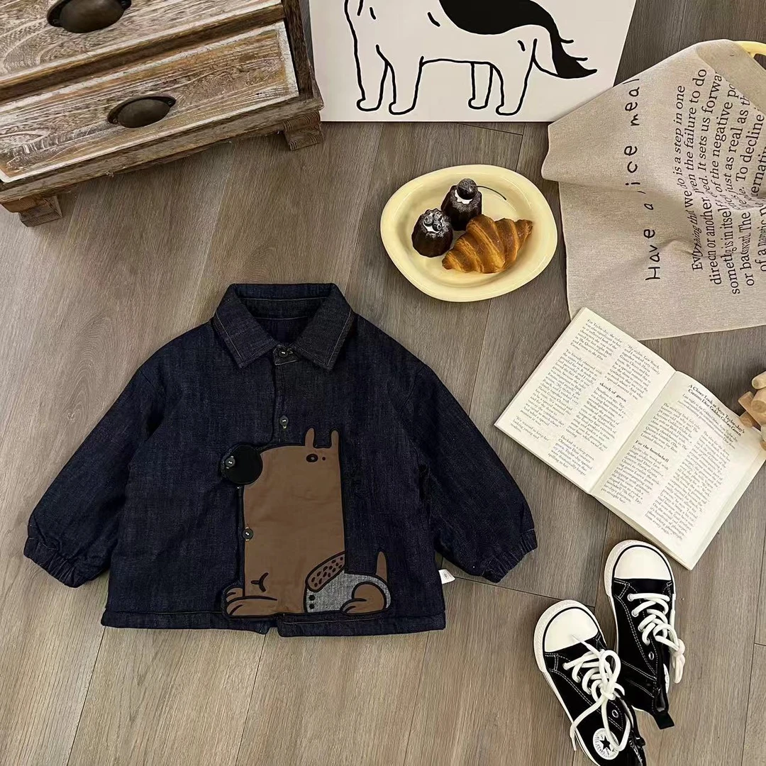 儿童秋冬韩版卡通刺绣小狗加厚牛仔服H1716