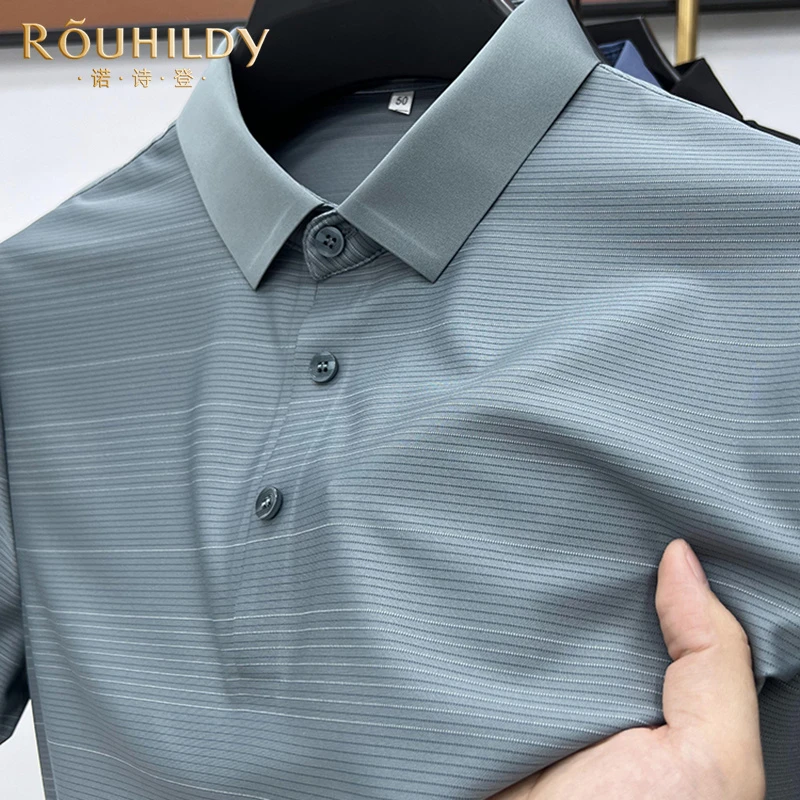 Rouhildy短袖T恤男2025夏季冰丝薄款条纹体恤男士大码休闲保罗衫