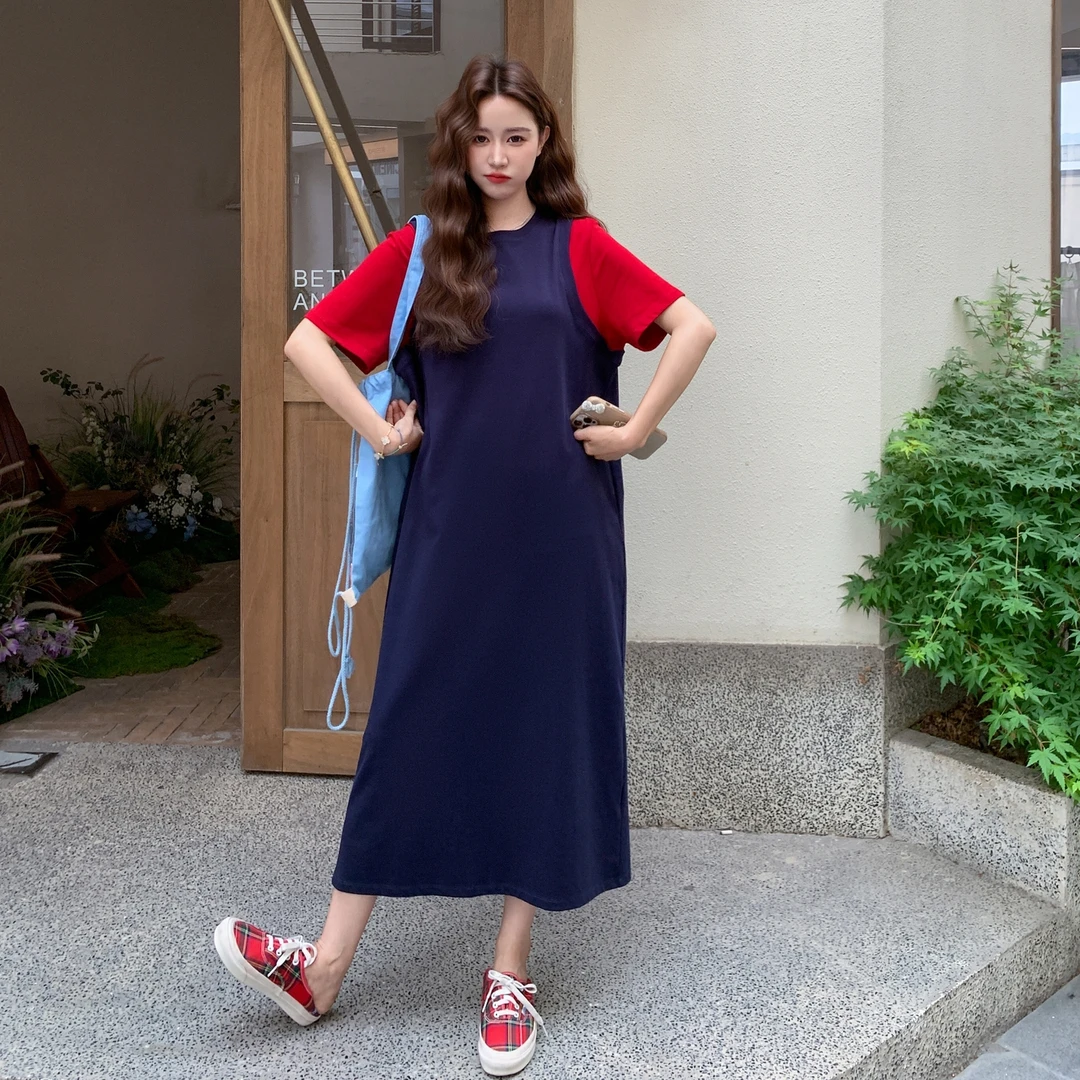 通勤风藏青色拼接连衣裙女2025夏季新款韩版宽松垂坠感过膝T恤裙