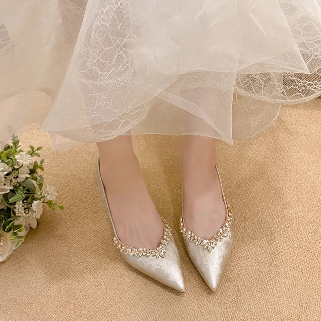 法式高跟鞋气质名媛风配裙子单鞋女水钻礼服香槟色绝美宴会伴娘鞋