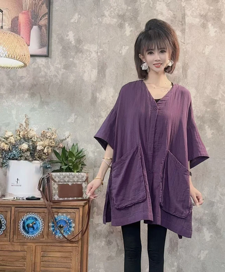 【沐木流浪记】（日华）时尚宽松减龄V领斜口袋衬衫女T恤Z