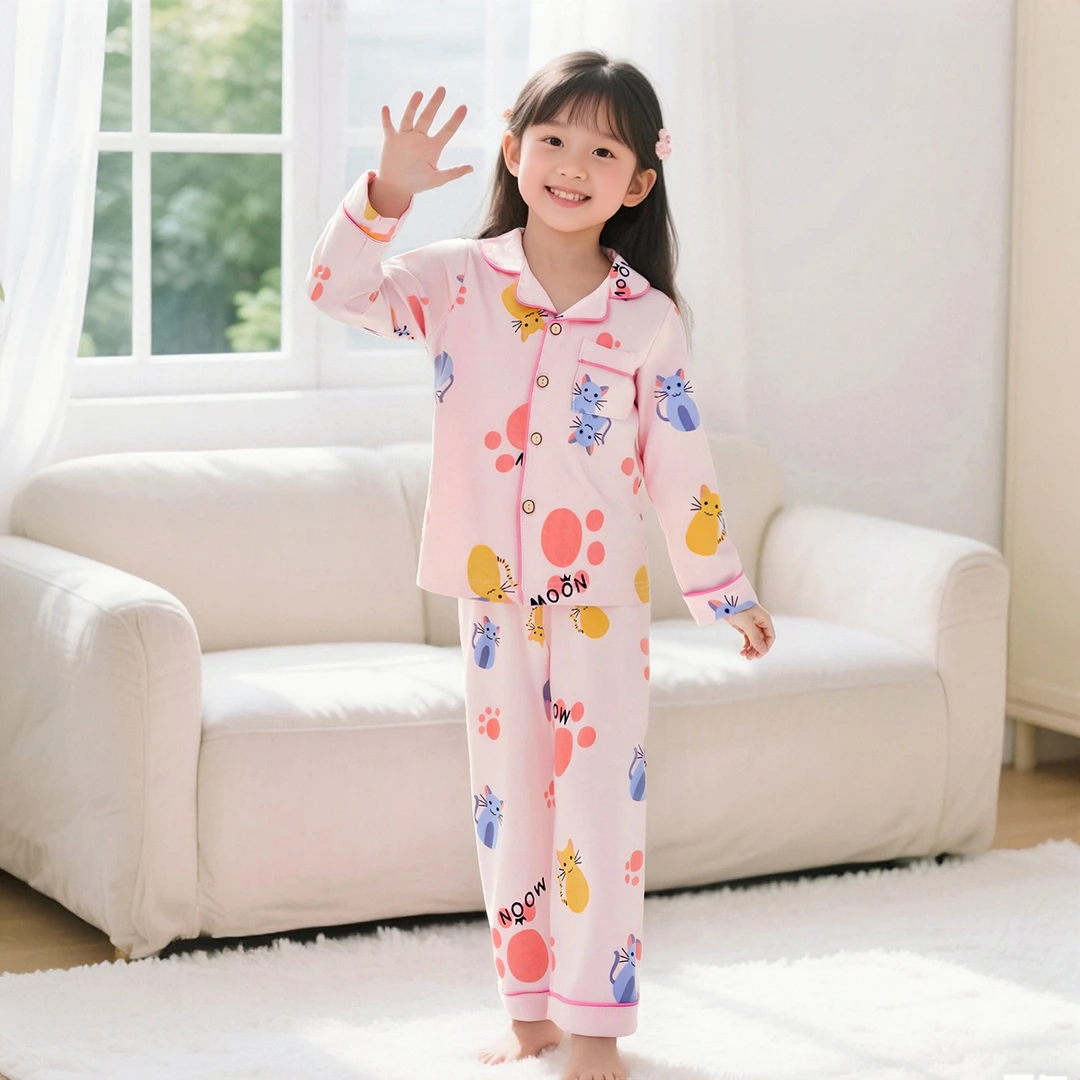 纯棉家居服睡衣A类儿童长袖开衫空调服春秋款中大童100棉女孩翻领