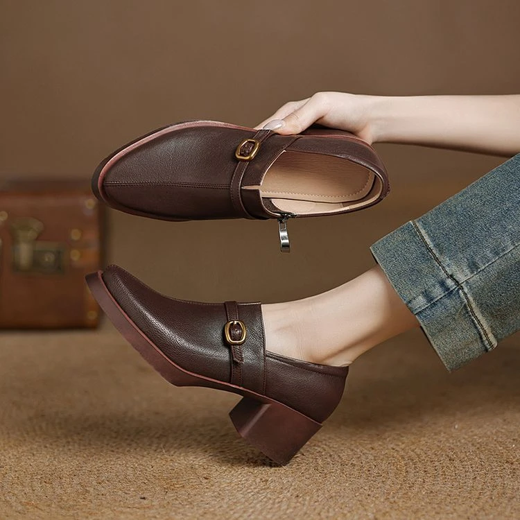 羊皮~5cm法式复古粗跟中跟单鞋女2025新款真皮深口百搭通勤乐福鞋